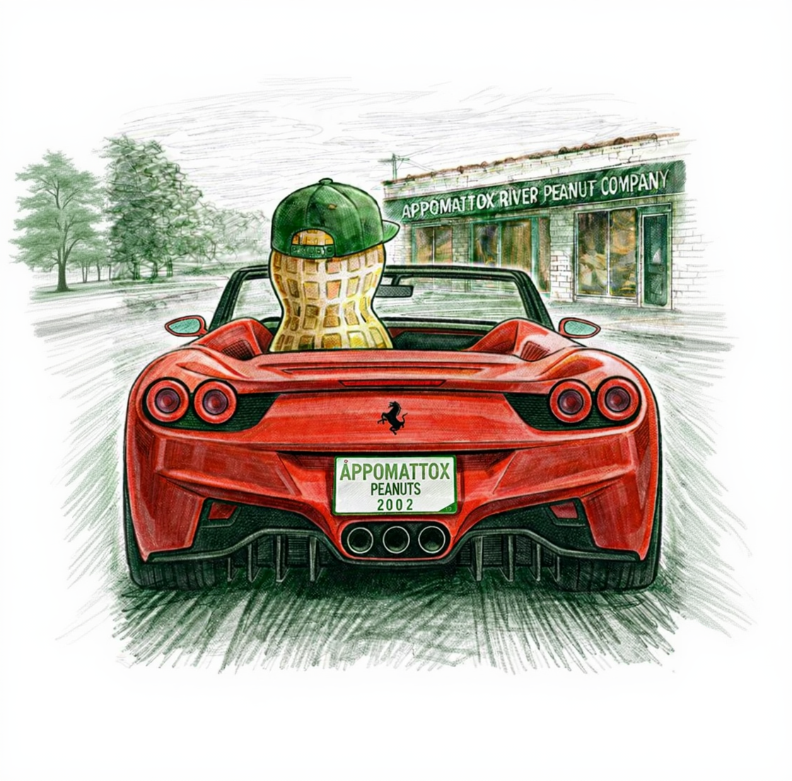 Red sports car with a peanut character wearing a cap, parked in front of the Appomattox River Peanut Company.